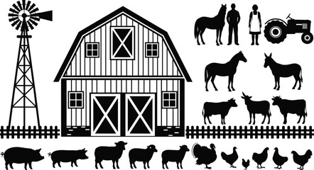 Farm animals silhouette set, rustic barn house, windmill, tractor, farmer couple, horse, cow, pig, sheep, chicken, turkey, agricultural rural landscape icons © Boby