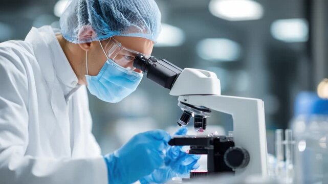 Scientific Scrutiny: A dedicated scientist peers intently through a microscope, immersed in meticulous examination and research within a state-of-the-art laboratory.
