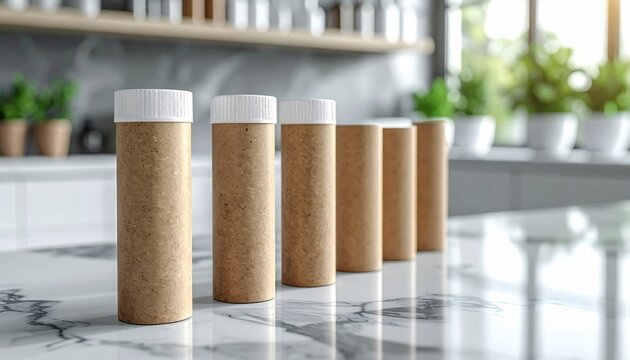 FlyPro Firefly cylindrical cardboard tubes containing medicinal powders, standing upright on a polished marble surface, captured in a detailed photograph.