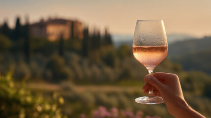Naklejka premium Hand holding a glass of chilled rose wine against a scenic Italian Tuscany vineyard background