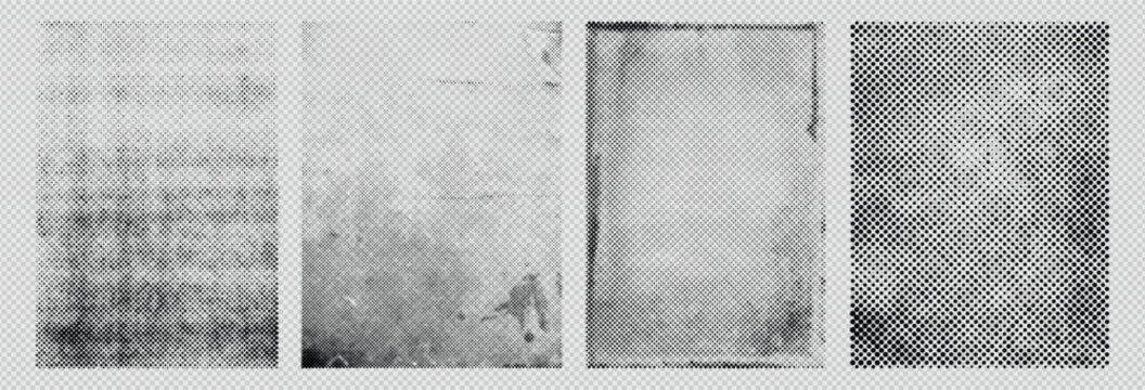 Monochrome halftone textures collection featuring grainy gradients and distressed paper aesthetics for design
