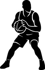 Naklejka premium Black and white vector of a basketball player, isolated on white. Ideal for posters, t-shirts, websites, digital art, and sports design projects.