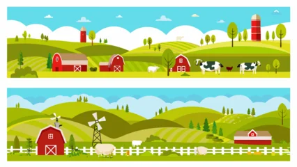 Poster Boerderij A colorful illustration depicts a peaceful countryside farm scene with barns  © prince