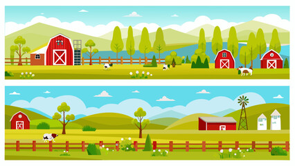 A colorful landscape depicts idyllic farm scenes with barns and animals © prince