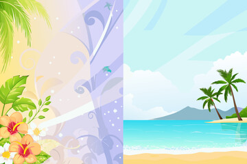 Obraz premium Tropical beach scene with palm trees flowers and a bright sky