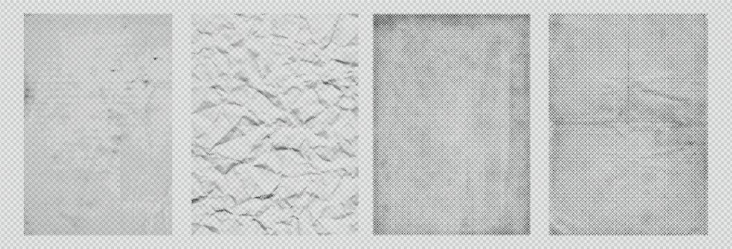 Crumpled paper halftone textures and distressed vintage document backgrounds for graphic design overlays