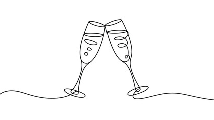 Continuous line drawing of champagne glasses cheers minimalist one line art celebration toast illustration © muhammad