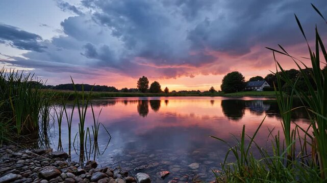 Colorful sunset reflections over calm lake with reeds and house