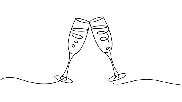 Continuous line drawing of champagne glasses cheers minimalist one line art celebration toast illustration
