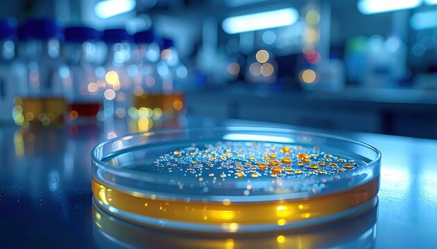 High-resolution photograph of an agar plate revealing faint traces of microbial growth on a section, bathed in soft laboratory light, capturing scientific detail.