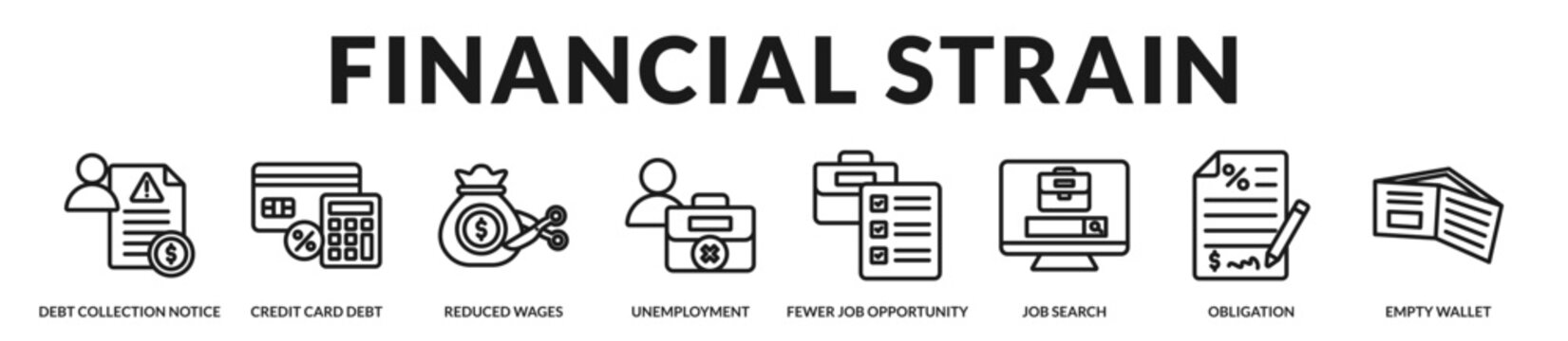 Financial strain overview highlighting household debt exposure, employment reduction, and liquidity limitations during contraction cycles. in Lineal Icon Style