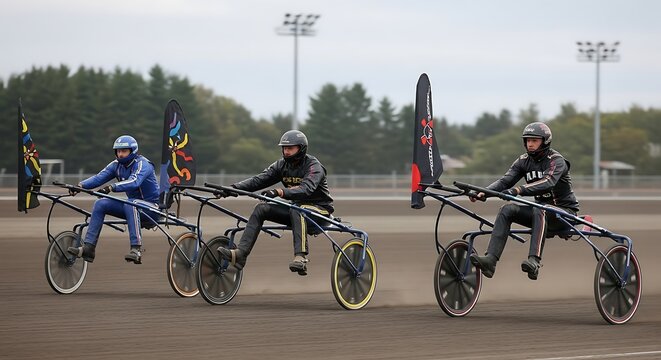 Racers compete with sulkies on a dirt track in a horse race.