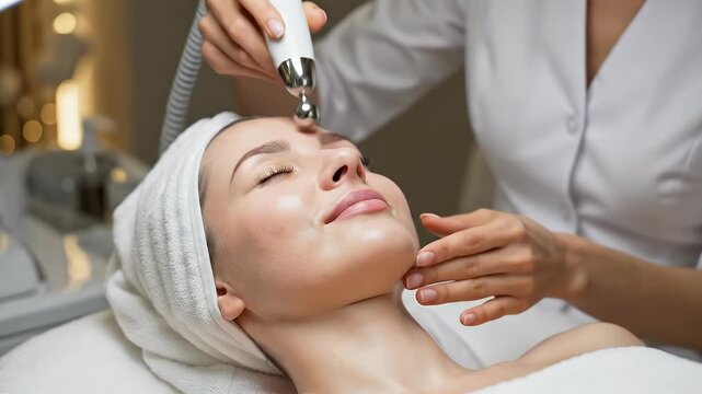 Professional esthetician performs a microcurrent facial treatment on a young woman lying comfortably under warm lights in a modern spa setting for anti-aging and skin rejuvenation