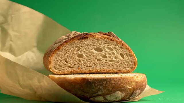 A halved loaf of bread on brown paper against a green background, showcasing its crust and interior texture in a product mockup for business advertising.