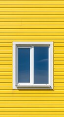 Bright Yellow Wall with White Framed Window Reflecting Sky.
