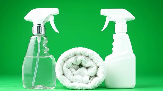 A mockup of cleaning supplies, including a clear spray bottle, a rolled-up white cloth, and an opaque spray bottle, against a green background for business or product display purposes.
