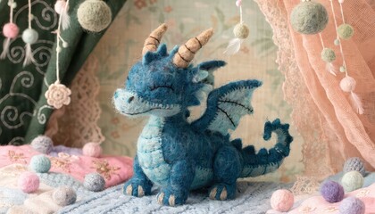Handmade needle felted blue dragon in pastel nursery setting, cute fantasy creature plush toy, whimsical baby room decor, artisan wool craft, fairytale character design, dreamy storytelling scene