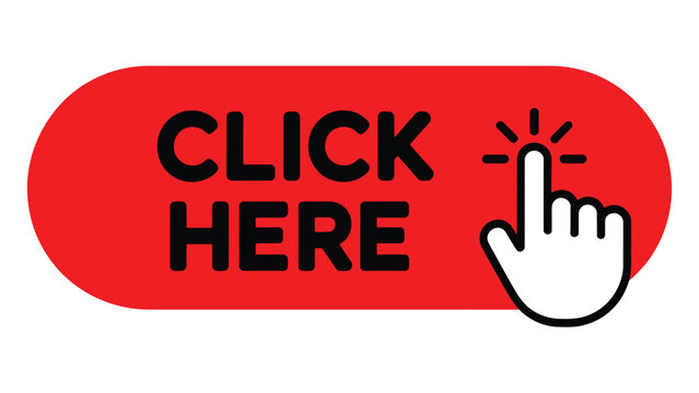 Click here button with hand cursor icon red call to action web banner flat vector illustration isolated on white background
