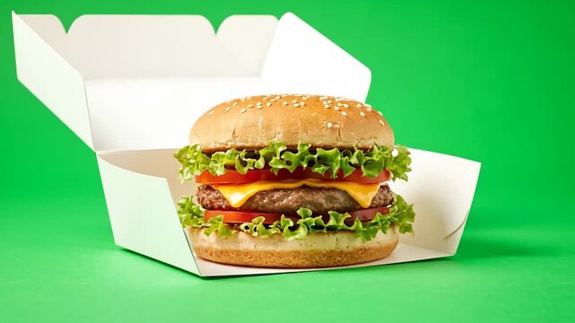 A mouthwatering double cheeseburger with lettuce, tomato, and cheese in a white cardboard box on a green background, perfect for a business food mockup.