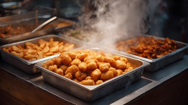 Steaming hot buffet dishes including fried snacks and potato wedges displayed in metal trays