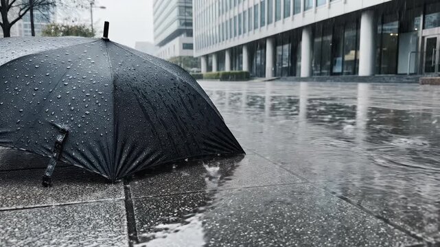 Rain-soaked black umbrella stands on a wet pavement in front of a modern office building conveying a sense of urban solitude and gloomy weather conditions