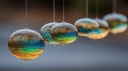 Close-up of hanging spherical ornaments, filled with sparkly colors and water droplets