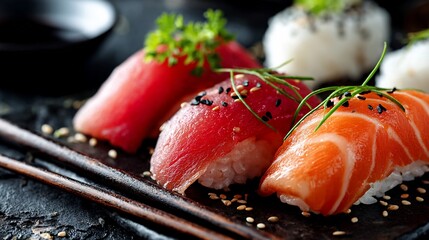Close-up view of fresh sushi pieces with colorful fish and rice, garnished, with chopsticks