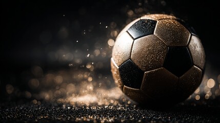 Close-up of a well-worn soccer ball with gold-brown tones, sparkling against a dark background