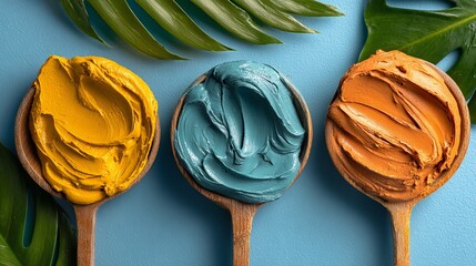 Close-up of three wooden spoons filled with brightly colored creamy substances, with tropical leaves