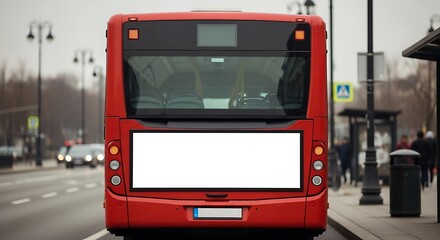 Rear View of a Red Bus with Blank Advertising Space.