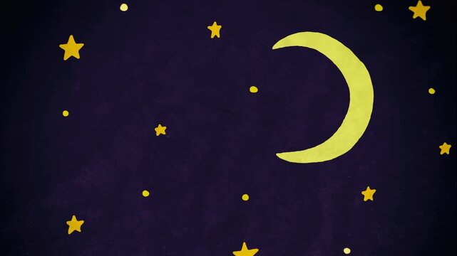 Animated hand drawn midnight blue night sky with yellow stars and moon. Cartoon sketch style.