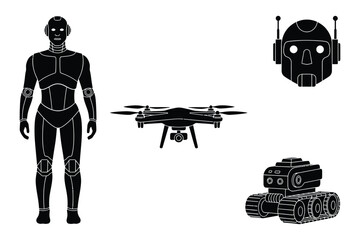 Robots and AI icons: humanoid, drone, tank, head illustration