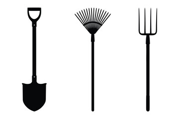 Gardening tools: shovel, rake, pitchfork silhouettes