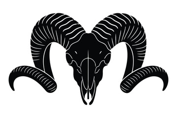 Ram skull with large horns, black silhouette illustration
