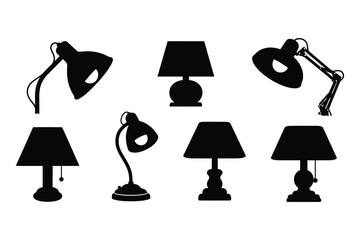 Black Silhouette Desk Lamps Collection, Isolated Vector Icons