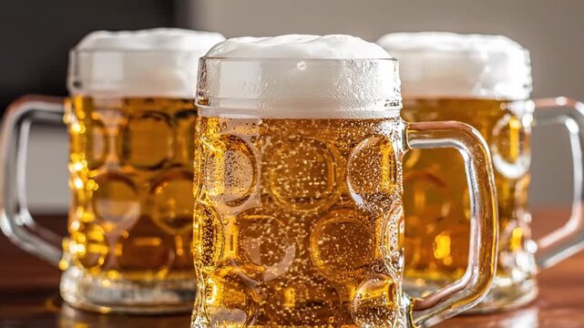 Three full beer steins with foamy heads on wooden table