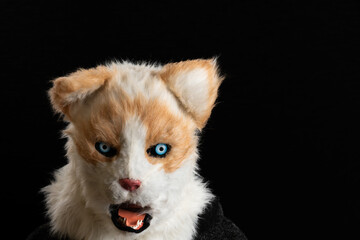 Creative Animal Character Mask Isolated on Black for Costume Design, Professional Furry Fandom Costume Head with Open Mouth Detail