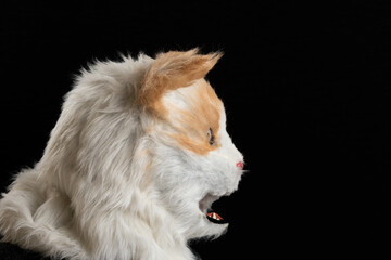 Profile View of Realistic Animal Fursuit Head on Black Background, Anthropomorphic Costume Head Detail for Furry Fandom and Therianthropy