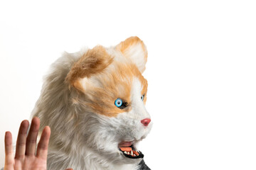 Profile of Fursuit Head with Human Hand Gesture on White, Side View of Animal Character Mask and Hand Interaction Mockup, Creative Therianthropy Concept Image with Mask and Human Element