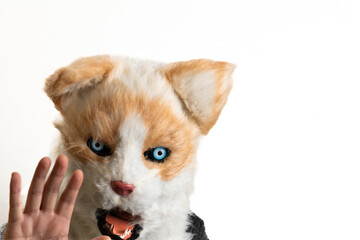 Therian Identity Concept Featuring Animal Mask and Human Hand, Anthropomorphic Character Mask with Stop Hand Sign Mockup