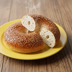 Sesame Seed Bagel Cut in Half on Yellow Plate.