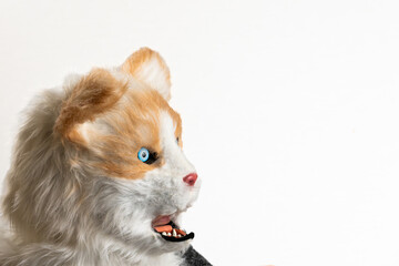 Profile View of Animal Fursuit Head Isolated on White Background, White and Ginger Therian Mask Mockup with Open Mouth Detail
