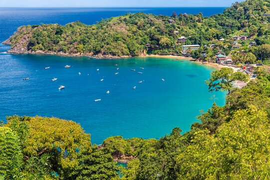 A view down into the fishing village of  Castara Bay in Tobago on a bright day in January