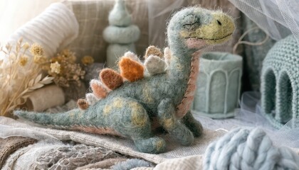 Obraz premium Handmade needle felted dinosaur plush in cozy nursery setting, cute pastel dragon toy, baby room decor, whimsical prehistoric character, soft textile craft, storytelling background design