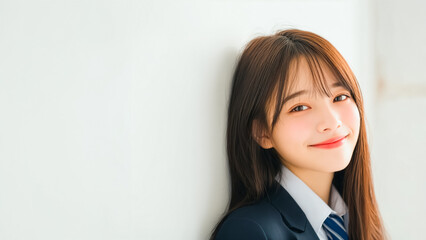 白い壁に寄りかかり、優しく微笑む制服風の衣装を着た美しい若い日本人女性のポートレート。学校生活や青春、清潔感を感じさせる明るくポジティブな表情