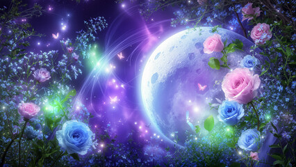 巨大な満月が浮かぶ魔法の庭園に咲き誇る鮮やかなピンクと青のバラ、光り輝く蝶や魔法の粒子が舞う幻想的で神秘的なファンタジーの夜景、デジタルアートによる壮大な3Dレンダリング