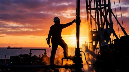 Sunset oil rig worker offshore photography industrial silhouette viewpoint energy extraction concept