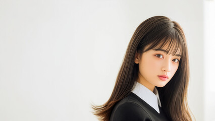 白い背景のスタジオで振り返りながらカメラを見つめる、黒い制服風の衣装を着た美しい若い日本人女性のポートレート