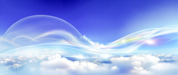 青空と雲海の上をダイナミックに流れる光り輝くジェット気流の抽象的なイメージ、エネルギーの流れと未来のテクノロジーを表現したパノラマ背景素材