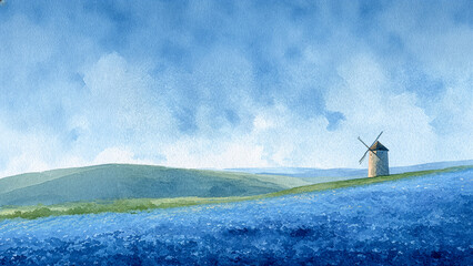 青いネモフィラの花畑が広がる丘の上に立つ風車と、澄み渡る広大な青空を描いた牧歌的で美しい水彩画、静寂と平和を感じる田園風景のイラスト